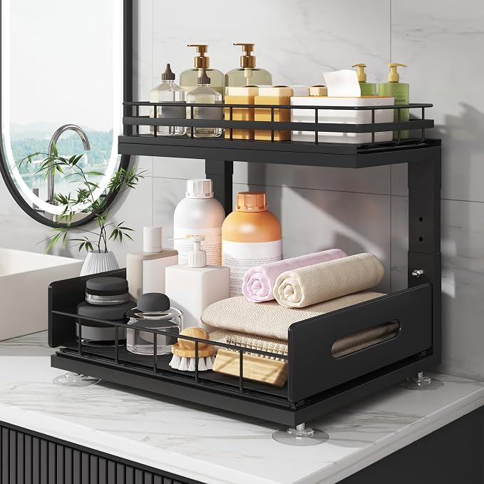 Under Sink Organizer Upgrade To Professional Rails,2-Tier Dual Pull Out Cabinet Storage,Height Adjustable Slide Out Drawers For Bathroom Kitchen,2 Pack-14.5" Dx12.8-16.9" H,Black