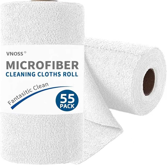 55 Pack Microfiber Cleaning Cloth Roll, Tear Away Reusable Towels, 11" X 9", Ultra Absorbent & Lint Free Cloth for Cars, Kitchen, Window, Home and Shop, White