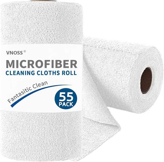 55 Pack Microfiber Cleaning Cloth Roll, Tear Away Reusable Towels, 11" X 9", Ultra Absorbent & Lint Free Cloth for Cars, Kitchen, Window, Home and Shop, White