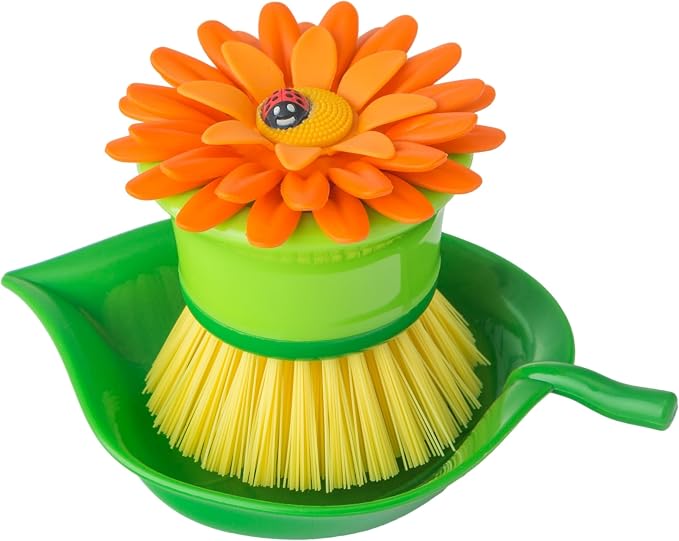 Vigar Flower Power Palm Dish Scrub Brush with Holder, Kitchen Scrub Brush for Dishes, Dish Scrubber, Sink Brush, Dishwashing Brush and Vegetable Scrubber for Household Cleaning - Orange, Green