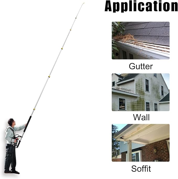 JANZ 24 FT Pressure Washer Telescoping Wand with 3 Extension Wands | Gutter Cleaner Attachment, 7 Spray Nozzle Tips, 2 Hose Inlet Adapters, Pivoting Coupler and Support Harness
