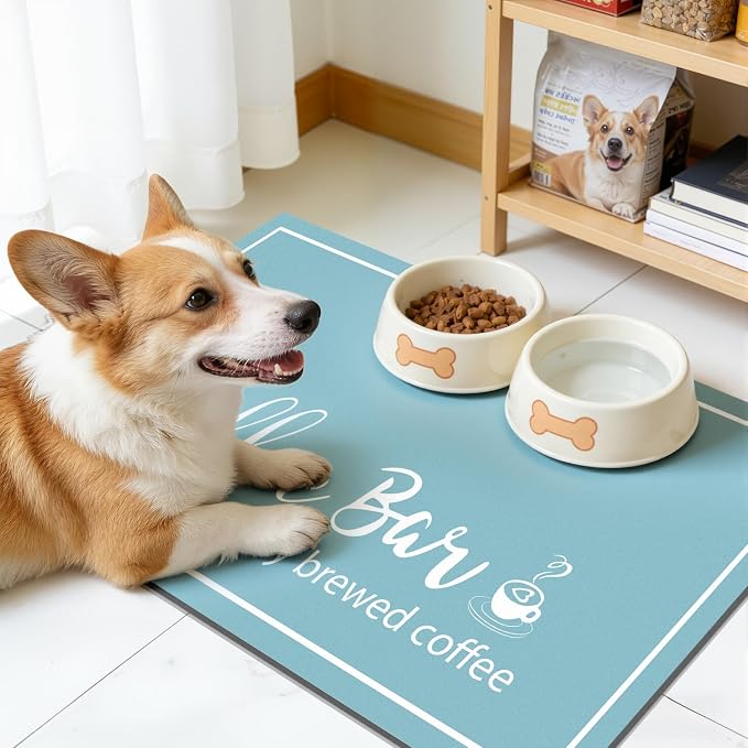Findosom Dish Drying Mat, 17"x 32" Super Absorbent & Hide Stain Coffee Mat, Cuttable Drying Mat for Kitchen Counter, Coffee Bar Accessories, Under Dish Rack, Coffee Maker, Espresso Machine, Blue