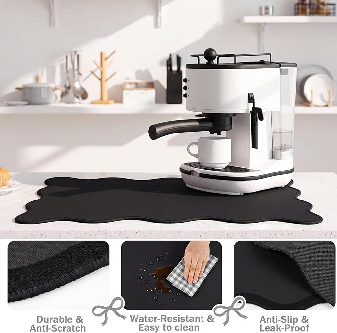 Nuanchu Black Scalloped Dish Drying Mat for Kitchen Counter, Waterproof Easy Clean Non-slip Coffee Bar Station Accessories, Trendy Cute Aesthetic Modern Drainer Kitchen Drying Mat, 12" x 19"