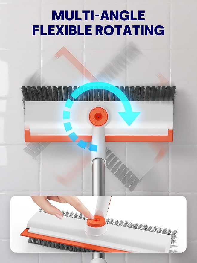Floor Scrub Brush with Long Handle, 3 in 1 Deck Brush with Squeegee | 360° Swivel, Dual-side Bristle Floor Scrubber with Tweezer for Tile Wall Bathtub Patio Garage Pool Kitchen (Orange and White
