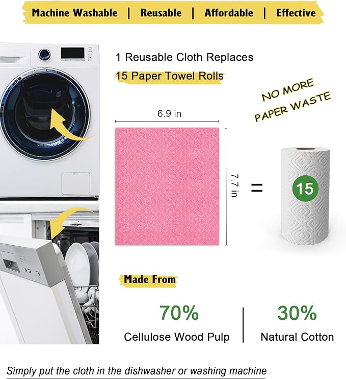 MoLKENE Swedish Dishcloths - 10 Pack Reusable Kitchen Dishcloths - Ultra Absorbent Dish Towels for Washing Dishes - Cellulose Sponge Cloth Cleaning Cloths - Pink