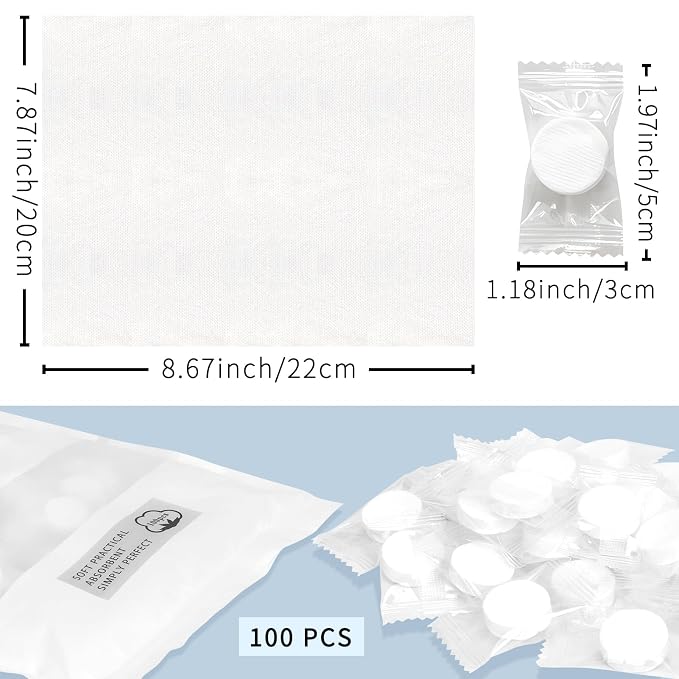 Classycoo Compressed Towel 100 PCS Mini Tablets Disposable Portable Face Towel Cotton Coin Tissue for Travel, Camping, Hiking, Sport, Beauty Salon, Home Hand Wipes and Other Outdoor Activities (White)