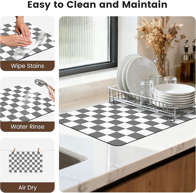 Checkered Dish Mat for Kitchen Coffee Station, 16" x 24" Grey | Quick Drying & Absorbent Mat for Coffee Bar Espresso Machine Countertops Accessories