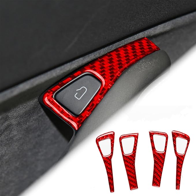 Red Real Carbon Fiber Trim for Tesla Accessories | for Model 3 2017-2022 / Model Y 2020-2024 Door Glass Lifting Window Power Switch Button Sticker Interior Thick Overlay Decal