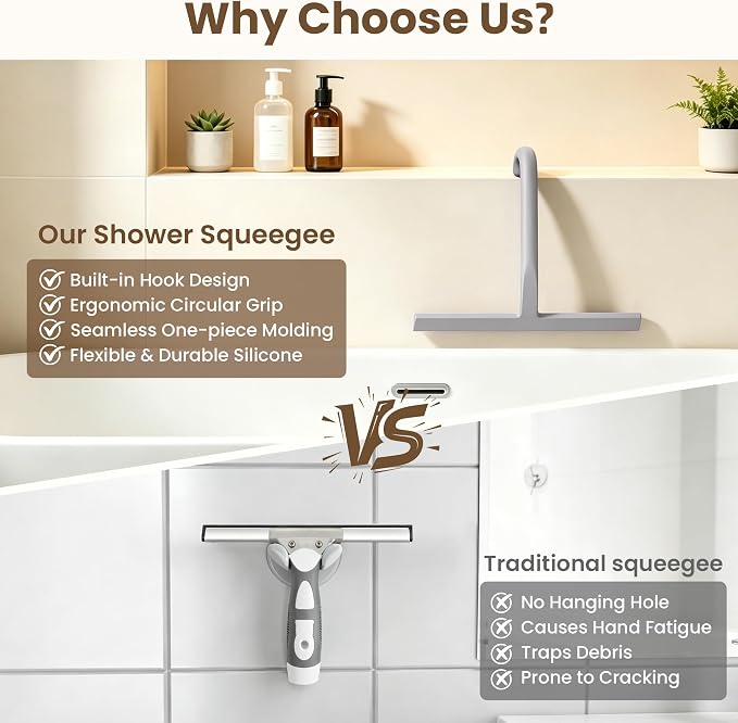 10 Inch Silicone Shower Squeegee for Glass Doors, Streak-Free, Grey | No-Squeak Silicone Blade, Ergonomic Round Grip and Built-In Hook for Quick Daily Cleaning of Shower Glass, Tile and Windows