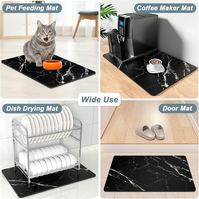 Rnivvi Coffee Mat, 12" x 19" Cute Marble Style Coffee Bar Mats for Espresso Machine Station Accessories and Organizer, Hide Stain Rubber Backed Absorbent Dish Drying Pad for Kitchen Counter, Black
