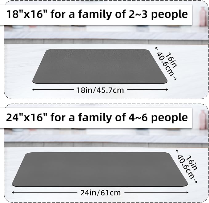 LOPNUR Kitchen Dish Drying Mat, 18"x16" Small Dish Drying Mats for Kitchen Counter, Diatomite Coffee Mat, Super Absorbent Dish Drying Pad, Heat Resistant Mat with Anti-slip Rubber Backed, Grey