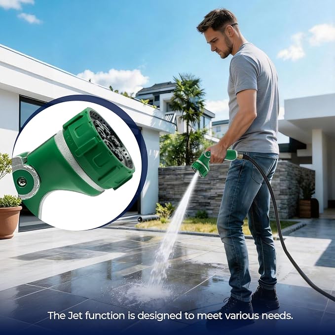 HugeDawn Garden Hose Nozzle with 7 Spray Patterns, Heavy Duty Metal Sprayer 30% Greater Water Flow for Watering, Car Wash, Outdoor Cleaning (Green)