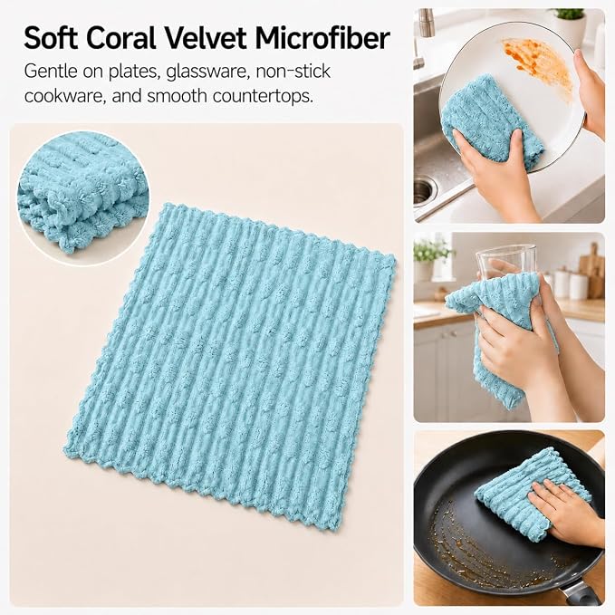 kimteny Microfiber Dish Cloths for Kitchen, 8 Pack 12 x 12 Inch Coral Velvet Kitchen Cleaning Cloths, Absorbent Reusable Non-Scratch Dish Rags for Dishes, Countertops & Sink