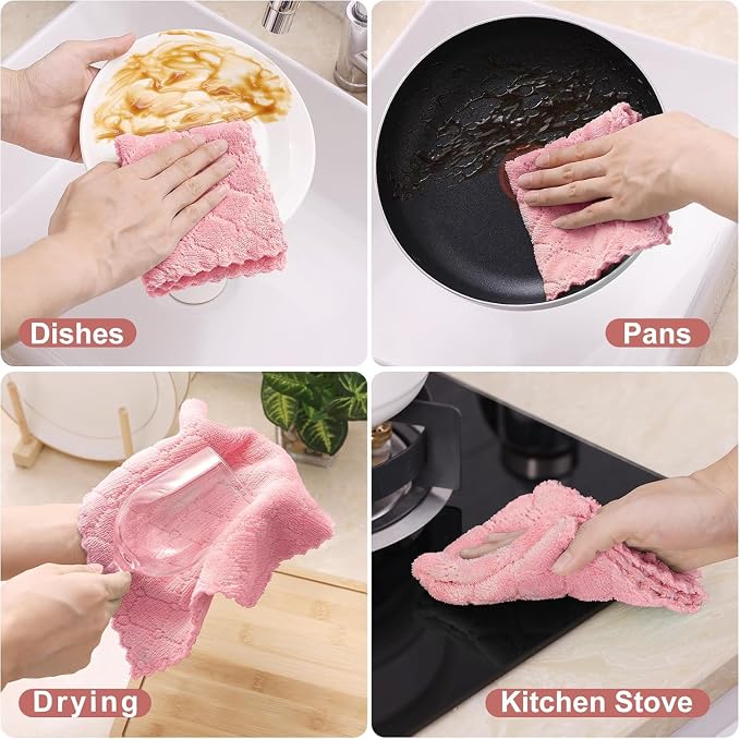 Homaxy 12 Pack Kitchen Dish Cloths (10 x 10 Inches, Pink), Super Soft and Absorbent Coral Velvet Dish Towels, Nonstick Oil Fast Drying Microfiber Cleaning Cloth, No Lint Household Dishcloths