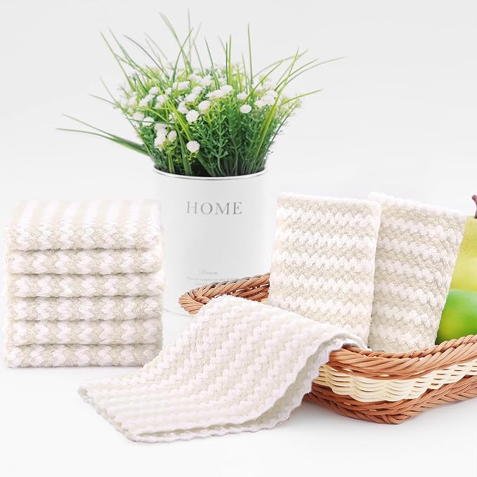 Homaxy 8 Pack Kitchen Towels and Dishcloths Set, 10 x 10 and 10 x 20 Inches, Ultra Soft and Absorbent Coral Velvet Dish Towels, no-lint Reusable Fast Drying Microfiber Cleaning Cloth, Beige