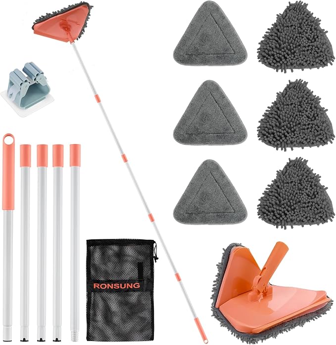 RONSUNG Wall Cleaner Mop, 82-Inch Handle, Baseboard Cleaner Tool, 6 Pads | Wall scrubber with long handle, triangle head, squeegee, and 6 pads for walls, ceilings, windows, baseboards, and floors
