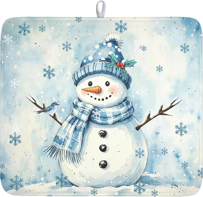 Winter Snowman Dish Drying Mat for Kitchen Counter 16x18 Inch | Blue Christmas Snowflake Snow Scene Dish Drainer Mat Rustic Seasonal Holiday Absorbent Washable Drying Pad