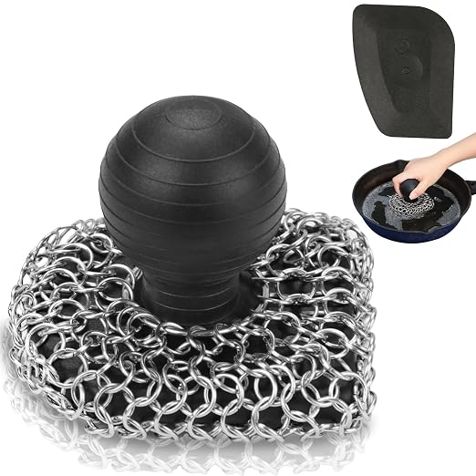 Cast Iron Scrubber with Pan Scraper, 316 Chainmail Scrubber, Upgraded Chain Mail Scrubber Sponge, Cast Iron Cleaner for Pan Skillet Wok Carbon Steel, Dutch Oven Metal Brush Cleaning Kit, Black