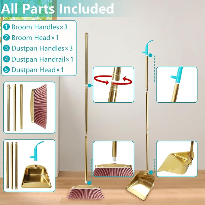 Broom and Dustpan Set Heavy Duty, Gold Stainless Steel Broom with Dustpan Combo Set, Long Handle Upright Metal Dust Pan with Comb Teeth for Pet Hair, Home, Kitchen and Office (Golden Teeth)