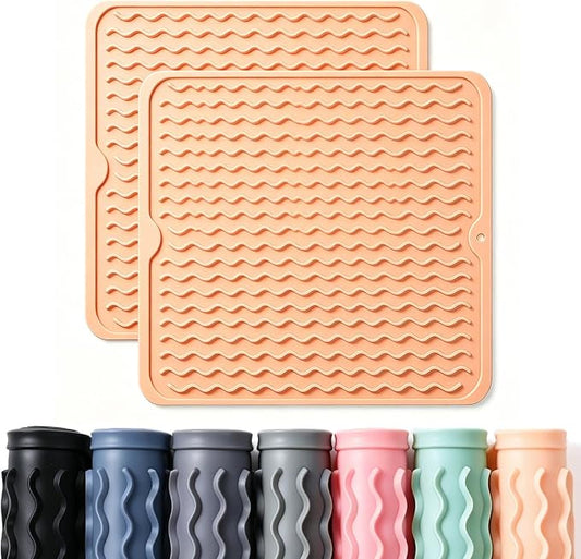 2 Pack Caketime Silicone Dish Drying Mat for Kitchen Counter Waterproof Place mats Sink Protector Stove Top Organizer Cooking Appliance Storage Vanity Trays Dryer Rack Drainers Items 12"x12" Beige