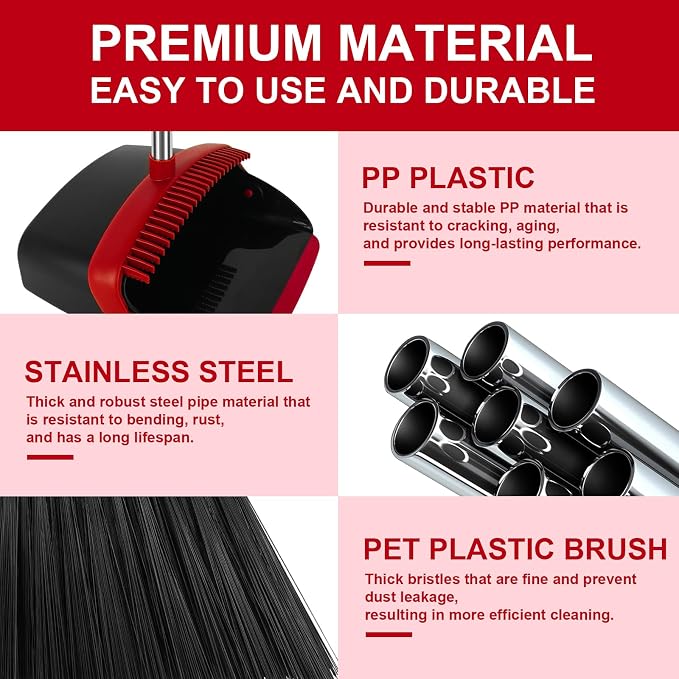 Red Broom and Dustpan Combo Set, 55" Long Handle Broom | Large Area Outdoor Cleaning, Extended Reach Design, Built-in Comb Dustpan, Foldable Storage for Garage, Patio & Home