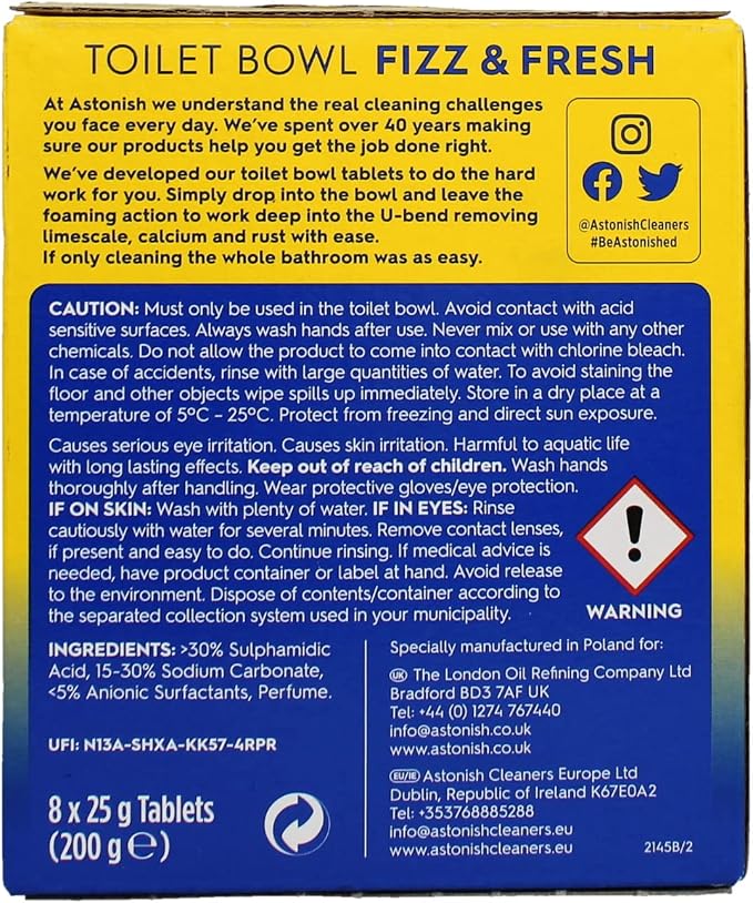 Astonish Foaming Lemon Splash Fizz & Fresh Bathroom Toilet Bowl Cleaner - Deep Cleaning Limescale, Calcium & Rust Stain Remover- No Spray Bottle Needed, Removes Hard to Reach Stains, 8 Tablets