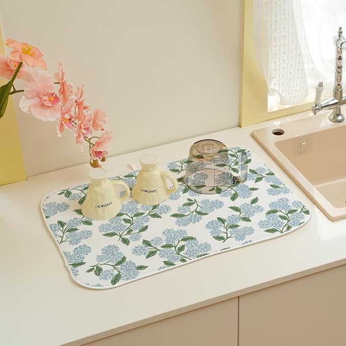 Blue Sage Green Floral Dish Drying Mat 18 x 24 Inch Spring Hydrangea Floral Drying Mat for Kitchen Counter Absorbent Summer Flowers Dishes Dry Pad for Drainer Rack Kitchen Fast Dry
