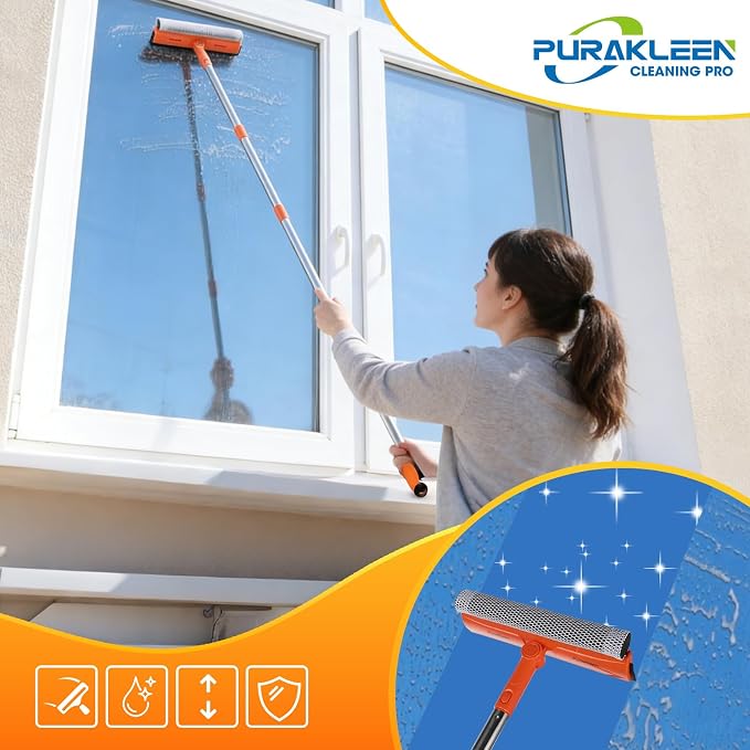 2-in-1 Window Squeegee with 62" Pole — Streak-Free & Sponge Scrubber | No ladder for high windows, skylights, shower doors, car & RV windshields, tile. Orange. Stainless pole sponge scrubber.