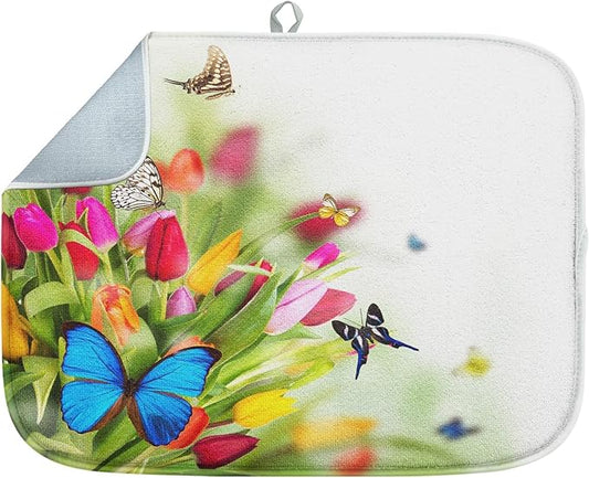 Sanwarm Absorbent Dish Drying Mat, Spring Flowers Butterflies Microfiber Pad for Kitchen Counter, Coffee Bar Decor, Heat Resistant and Reversible, 16" x 18"