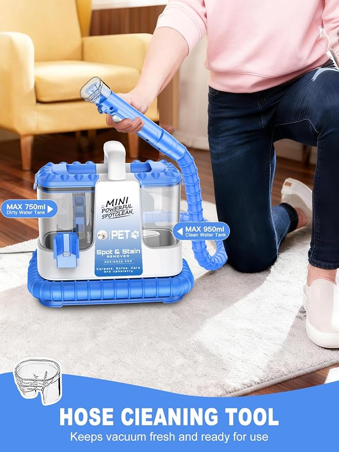 Portable Carpet & Upholstery Cleaner Machine for Pets, Spot, Stain, Couch Cleaner Machine with Powerful Suction and and Cleaning Solution, Car/Auto Detailer, Lightweight Compact Design, Blue
