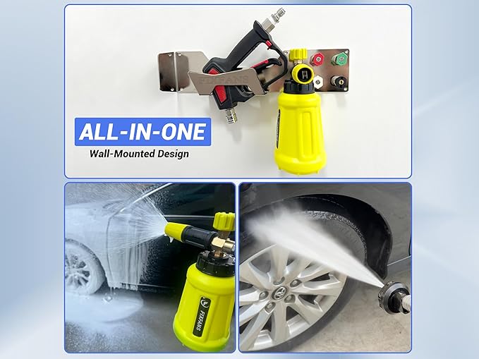 FIXFANS Pressure Washer Gun Holder, Wall Mounted Foam Cannon Tool Organizer | Power Washer Snow Foam Lance Tool Organizer, Nozzle Tips and Car Wash Accessories Kit Storage Rack, 1/4" Quick Connect
