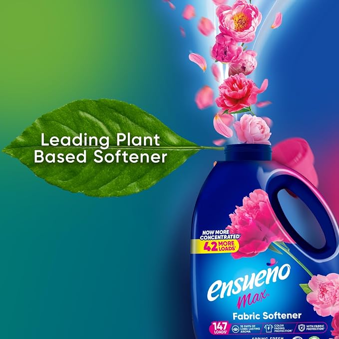 Ensueño Max Liquid Fabric Softener - Spring Fresh Scent - 125 fl oz | Color-Safe Fabric Softener Liquid - Softens 147 Loads - Reduces Wrinkles & Static