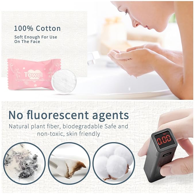 Classycoo Compressed Towel 100 PCS Tablets - Thick, Individually Wrapped Portable Disposable Face Towel Cotton Coin Cloth for Travel, Camping, Hiking, Beauty, Cloths(Soft, Odorless, 9.64 x 7 IN)