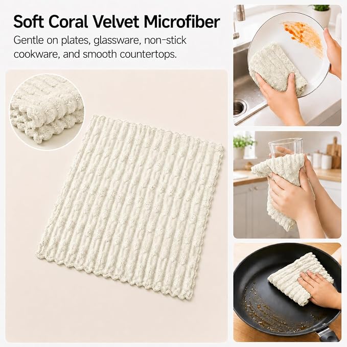 kimteny Microfiber Dish Cloths for Kitchen, 24 Pack 12 x 12 Inch Coral Velvet Kitchen Cleaning Cloths, Absorbent Reusable Non-Scratch Dish Rags for Dishes, Countertops & Sink