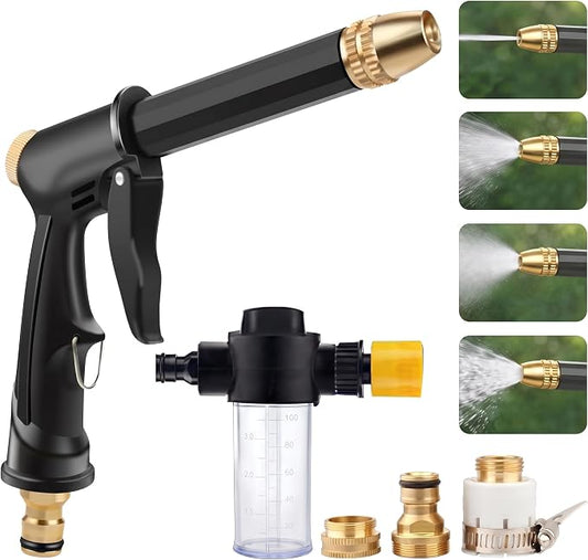 High Pressure Hose Nozzle with 4 Spray Modes, Adjustable Water Spray Gun, Metal Garden Hose Sprayer for Car Wash, Plant Watering, Patio & Outdoor Cleaning (Sprayer Kit with 3 Connectors & Foam Cannon)