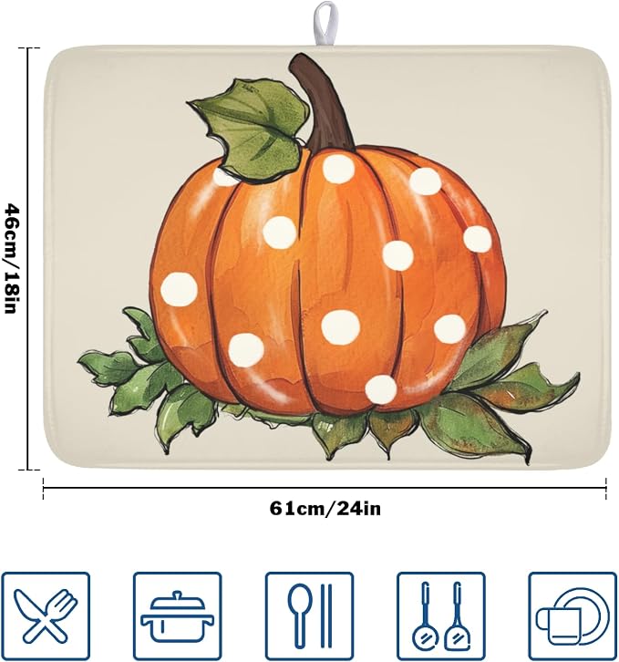 Fall Pumpkin Dish Drying Mat for Kitchen Counter 18 x 24 Inch Autumn Green Leaf Dish Drainer Mat Absorbent Microfiber Thanksgiving Harvest Dish Rack Pad for Coffee Dining Bar Decor