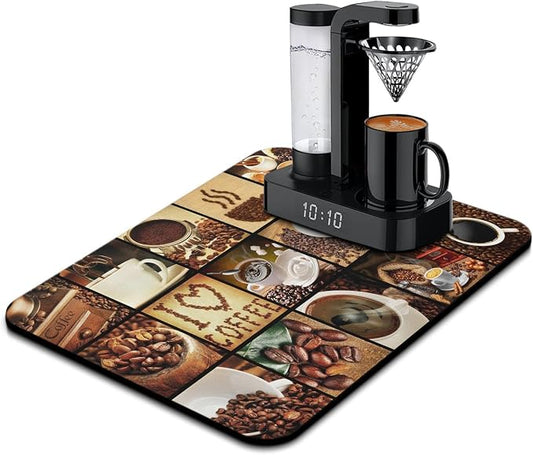 Coffee Bar Mat Accessories for Countertop Super Absorbent Anti-Slip Silicone Flower Dish Drying Mats for Kitchen Counter Draining Pad Decor Gift Fit Coffee Maker Espresso Machine 24inx18in