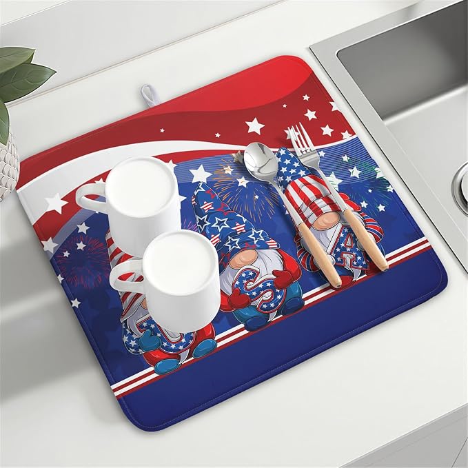 Kawani 4th of July Dish Drying Mat 16x18 Inch Spring Summer Patrioti Gnome Memorial Kitchen Mats Independece Day Absorbent Dishes Pad for Kitchen Counter Usa Stars Drying Mat Home Decor Countertops