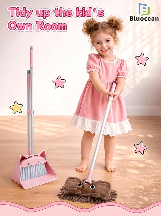 28'' Kids Mini Broom with Dustpan & Mop Set - Toddler Cleaning Toy, Toddler Household Helper, Parent-Child Interactive Play Cleaning Tool, Cute Cartoon Design, Small Safe Corner Broom (Pink)