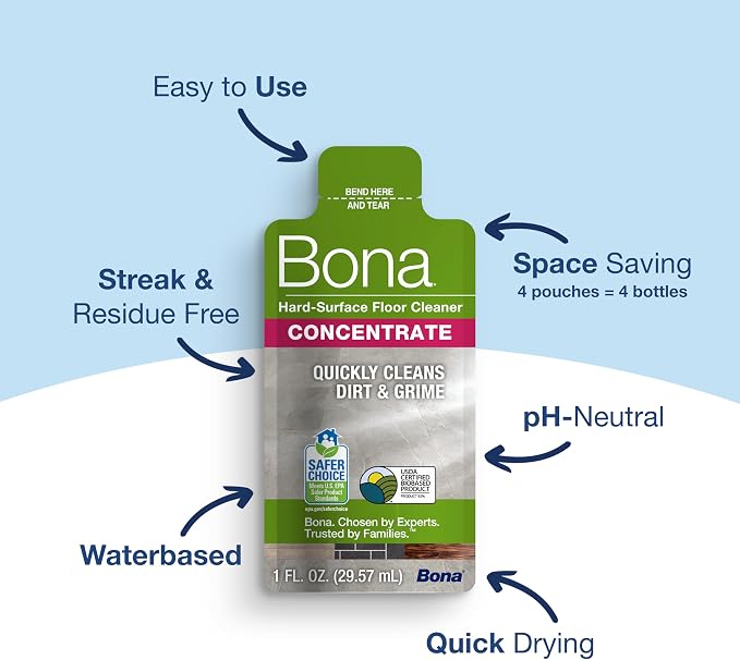 Bona Multi-Surface Floor Cleaner Concentrate - 1 fl oz - 4-Pack - Residue-Free Floor Cleaning Solution for Bona Spray Mop and Spray Bottle Refill - For Stone, Tile, Laminate, and Vinyl Floors