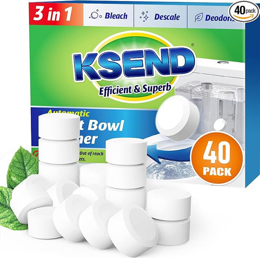 Ksend Toilet Bowl Cleaner Tablets - 40 PCS Automatic Bleach Toilet Cleaner Tablets, Slow-Releasing Deodorizing & Descaling, Powerful Bathroom Tank Cleaner