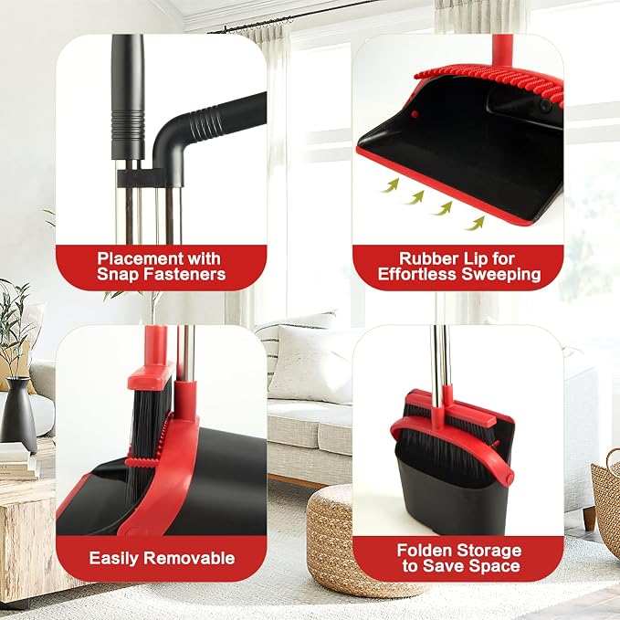 Broom and Dustpan Combo Set,Long Handle,Black Red | Dustpan with Cleaning Teeth Combo,Indoor Sweep Broom for Office Home Kitchen Lobby Floor