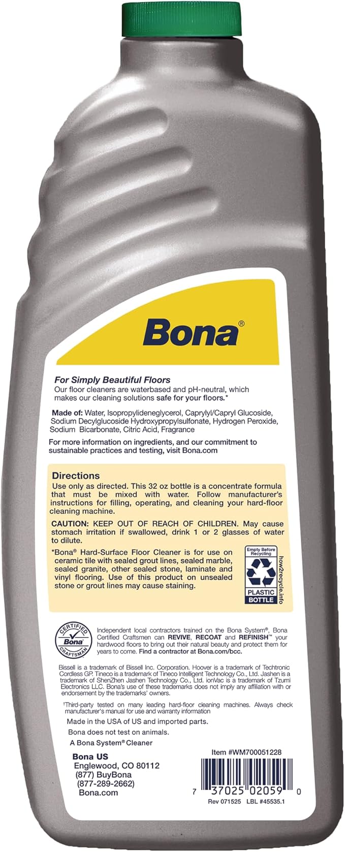 Bona® Hard-Surface Floor Cleaner - Hard-Floor Cleaning Machine Formulation - 32 fl oz - Lemon Mint
