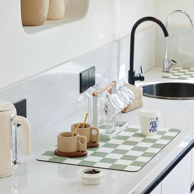 Ohocut Checkered Dish Drying Mat for Kitchen Counter, Coffee Bar Station Accessories, Retro Cute Aesthetic Modern Absorbent Drainer Mat Kitchen Drying Mat Easy Clean, Sage 16" x 24"