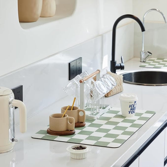 Ohocut Checkered Dish Drying Mat for Kitchen Counter, Coffee Bar Station Accessories, Retro Cute Aesthetic Modern Absorbent Drainer Mat Kitchen Drying Mat Easy Clean, Sage 16" x 24"