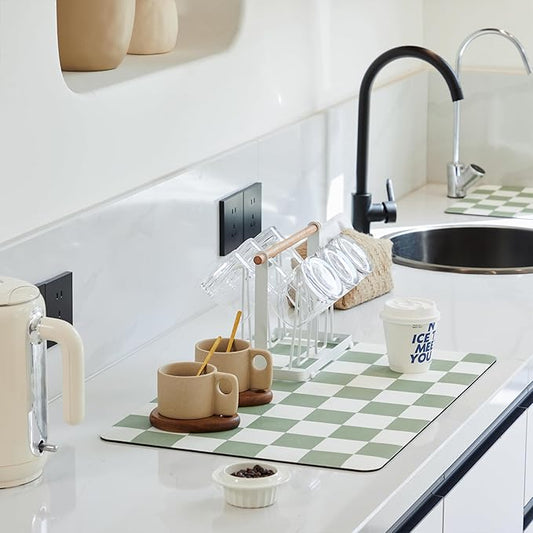 Ohocut Checkered Dish Drying Mat for Kitchen Counter, Coffee Bar Station Accessories, Retro Cute Aesthetic Modern Absorbent Drainer Mat Kitchen Drying Mat Easy Clean, Sage 12" x 19"