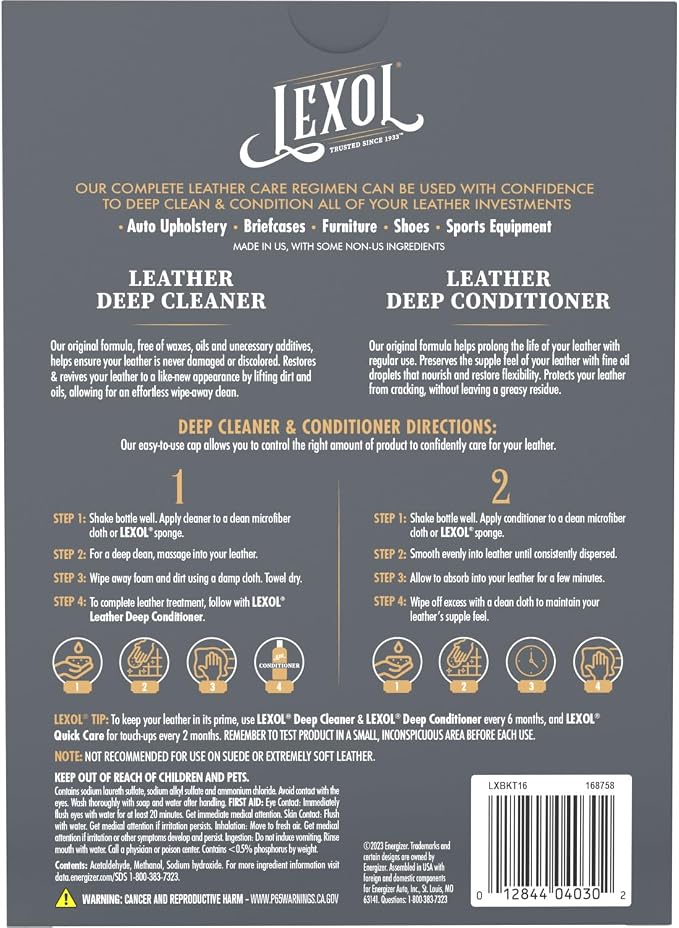 Leather Cleaner & Conditioner Kit by Lexol for Furniture, Car Interior, Shoes, Handbags, Includes 2 Application Sponges, Two-Step System, 16 Oz Each