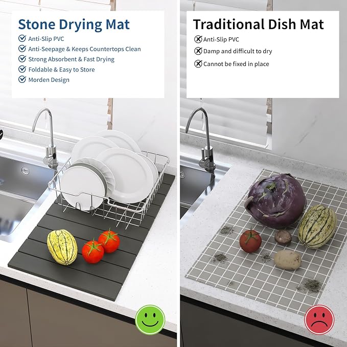 Hopegiver Stone Drying Mat for Kitchen Counter, 24" x 16" Quick Dry Diatomaceous Earth Dish Drying Mat, Super Absorbent, Non-Slip & Foldable, Modern Dark Gray Countertop Mat (DarkGray,24''x16'')