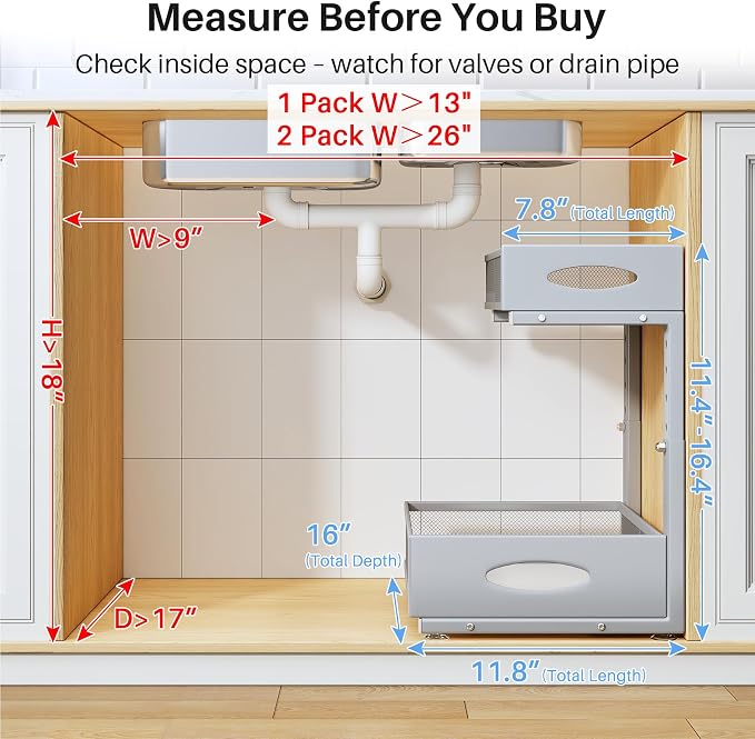 Under Sink Organizer, 2 Pack 2 Tier Pull Out Under Cabinet Organizer Shelf with Pad for Framed Cabinets, Metal Slide Out Under Sink Storage, Mesh Sliding Drawers for Kitchen Bathroom Laundry, Grey