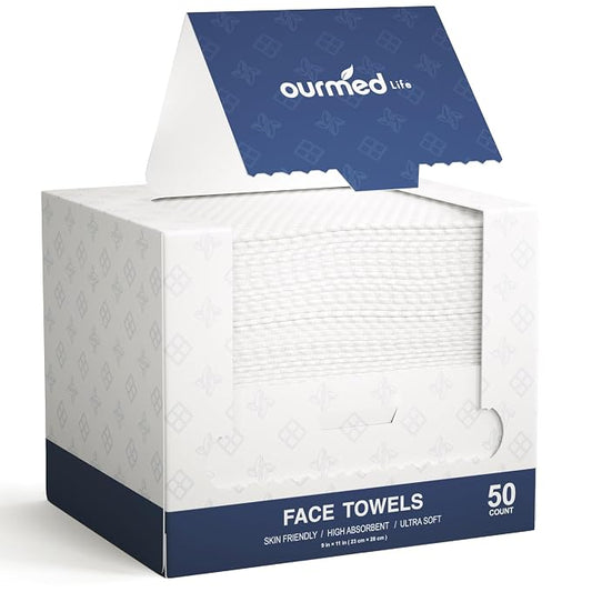 Ourmed Life Face Towels, 11"×9" Disposable Face Towel – Ultra-Soft, Thickened Facial Towelettes, Lint-Free Dry Wipes for Sensitive Skin, Ideal for Makeup Removal & Skincare (50 Count, 1 Pack)